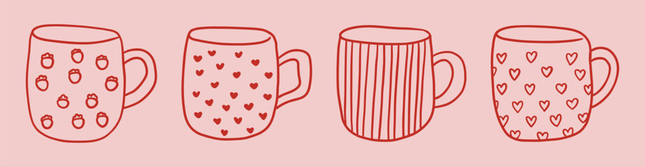 Hand drawn set of cute coffee mugs with hearts, dots, and stripes. Vector linear doodles on pink background. Cozy and playful kitchen design.
