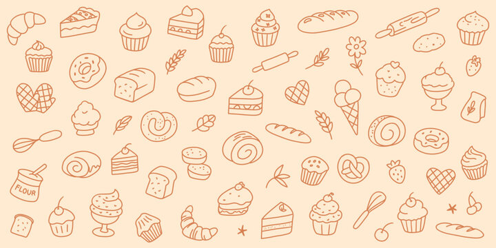 Hand drawn bakery and sweets doodle set with cakes, muffins, croissants, bread, and desserts. Linear pastry collection on beige background.