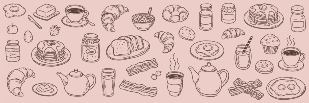 Hand drawn breakfast doodle set with coffee, eggs, toast, croissants, jam, tea pots and pastries. Vector sketch on pink background.