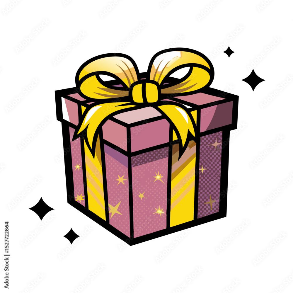 Poster gift box decorated with a bow and sparkles in pop art style, isolated vector image on transparent ba