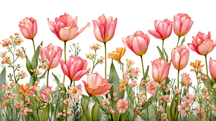 Pink and Orange Tulips and Flowers on Transparent Background, PNG