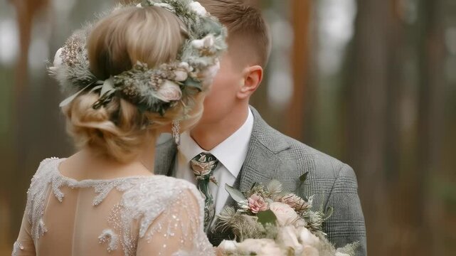 Close up of a woman and man, bride and groom, sharing an intimate moment of love and happiness during their romantic wedding ceremony or special occasion, celebrating marriage and commitment, footage.