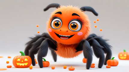 Cute animated spider with pumpkins in a playful Halloween setting perfect for children's decorations and party themes