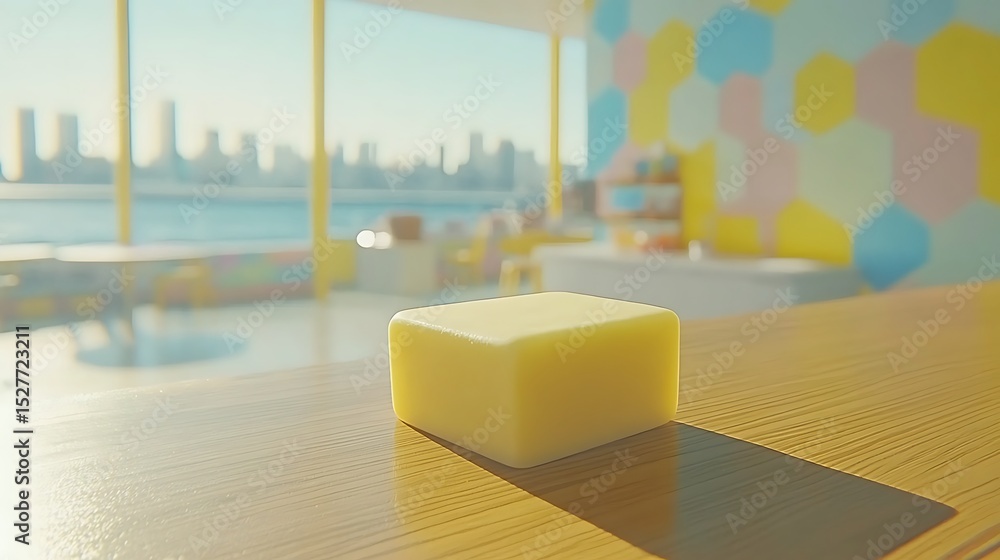 Poster a cube resting on a wooden surface with a city skyline view through the window