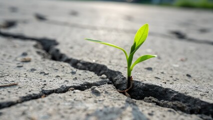 Vibrant green sprout breaking through a crack in a dry, grey concrete surface. The image highlights the powerful contrast between new life and the sterile environment.