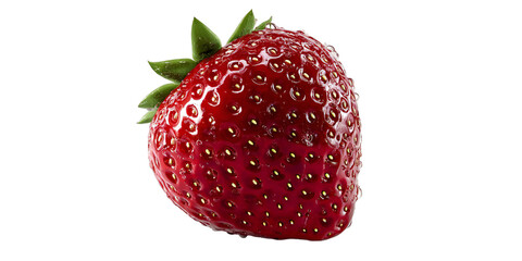 Close up of a vibrant red strawberry with green leaves against a stark black background in sharp focus isolated white background