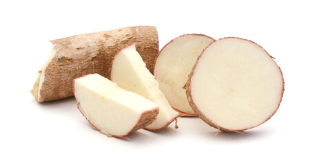 One cut cassava on a white background