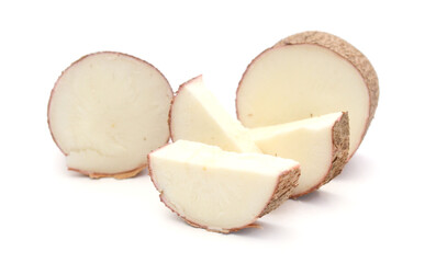 Cutting and whole manioc (cassava) isolated on white background.