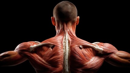 Muscular man displays detailed back muscles and anatomy on dark background, showcasing strength, health, and human form in dramatic lighting for fitness concepts.