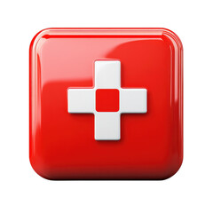 Obraz premium Glossy Red Medical Icon Cross Health Safety Symbol Healthcare Aid First on transparent background