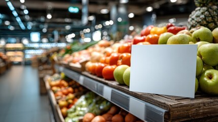 Fresh fruits and vegetables displayed on supermarket shelf with empty blank price tag card ideal for food retail visuals, grocery promotions and product label mockups