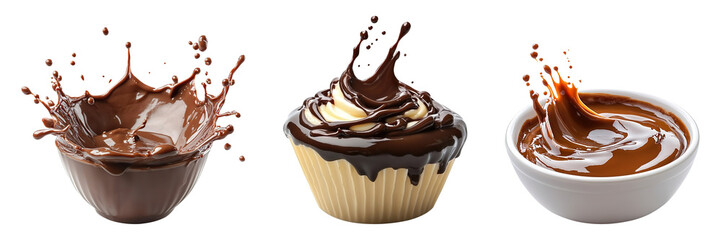 Collection of chocolate sauce splashes, isolated on a transparent background