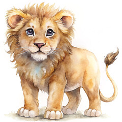 Obraz premium Adorable Watercolor Illustration of a Young Lion Cub with Soft Expressions