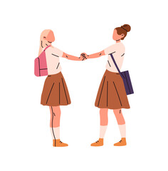 Happy students hold hands together to say hello or goodbye. School friends with backpacks look at each other. Children with schoolbags welcome, kids support. Flat isolated vector illustration on white