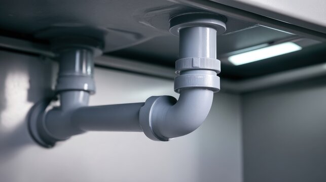 Under sink view of modern gray plastic plumbing pipes in sharp focus with clean metal surroundings ideal for interior construction visuals, repair tutorials and water supply system design