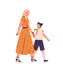 Parent takes her student with backpack to school. Family goes to the Knowledge Day together. Mother and kid with schoolbag hold hands while walk. Flat isolated vector illustration on white background