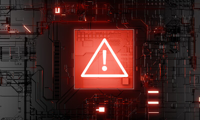 digital alert a close-up shot of a high-tech digital circuit board illuminated by a bright red...