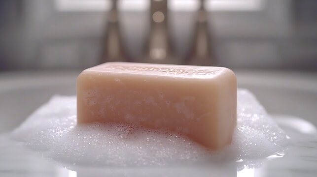 Close-up of a soap bar with white foam on a white sink in a bathroom setting
