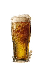 A close up shot of a full glass of beer with foam overflowing on a black isolated background scene isolated white background