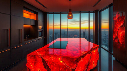 A luxury kitchen in a skyscraper at sunset with an island made of translucent red mineral reminiscent of carnelian. Soft lighting highlights the fiery shades of the stone.