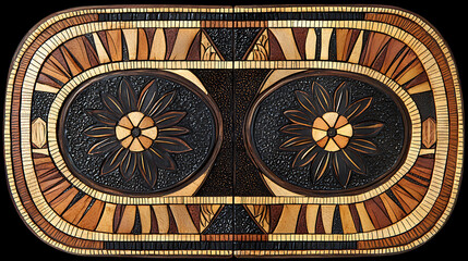 Obraz premium An intricately crafted wooden panel showcasing indigenous-inspired patterns with stylized floral motifs and geometric shapes in varied wood tones.