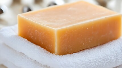 Close-up shot of a bar of natural orange soap on a white towel, spa and beauty