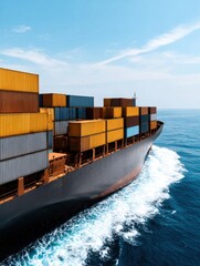 Large cargo ship transporting containers across the vast ocean on a clear blue day