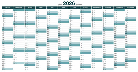 2026 calendar planner on a white background. Vector template.