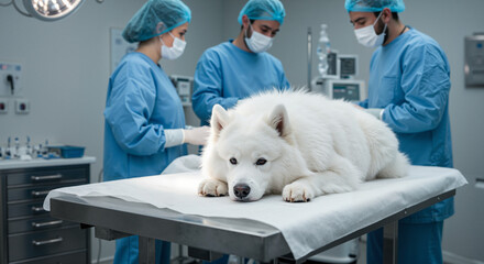 Dog being examined by veterinarians in a surgical environment
