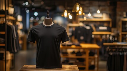 Black t-shirt on mannequin in modern store, warm light, wooden furniture, stylish interior.
