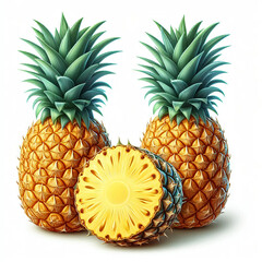 Two whole pineapples and one pineapple half with green leaves and textured yellow skin on white background.