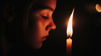 A young person with closed eyes is illuminated by a candle flame in the dark.