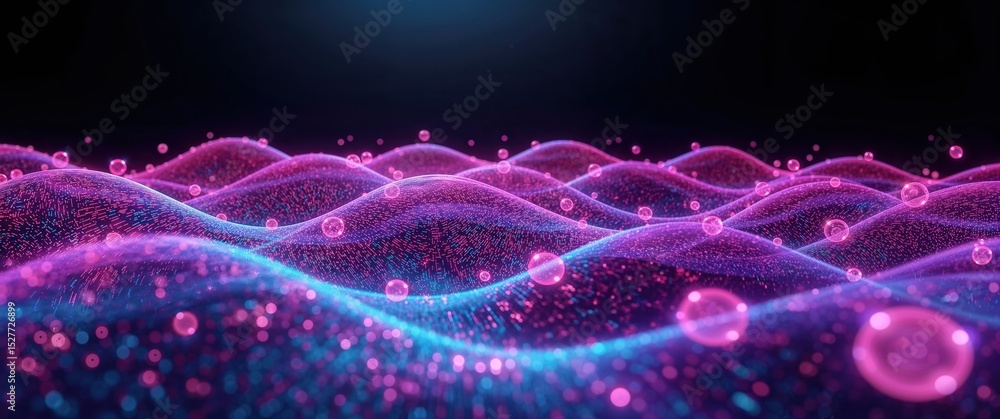 Aufkleber abstract glowing pink and blue wave pattern with floating spheres on a dark background