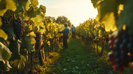A vineyard during harvest season, with blurred worker figures and sunlight.