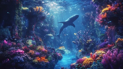 mythical underwater kingdom with vibrant coral reefs and majestic sea creatures, Generative AI