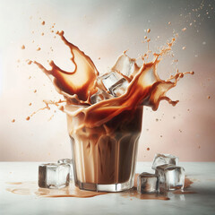 Glass of iced coffee with milk splash and ice cubes on a light surface, cold beverage concept.
