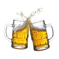 Two beer mugs toasting cheers isolated on transparent background