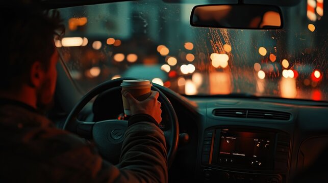 A man sips coffee while driving a car at night, surrounded by city lights.