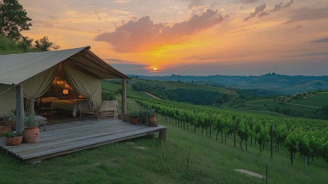 Tranquil Tent in Vineyard: A secluded tent glows invitingly against the backdrop of a vivid sunset over rolling hills, and the sun kisses the rows of verdant vines.