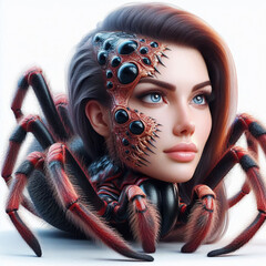A surreal blend of a woman and a spider. The woman has long brown hair and a spider-like face with red and black features. The body resembles a large spider.