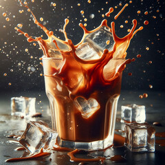 Glass of iced coffee with ice cubes splashing, dark background, cold beverage concept.