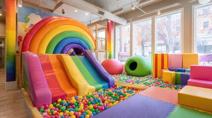Colorful indoor play area with rainbow slide ball pit and play blocks