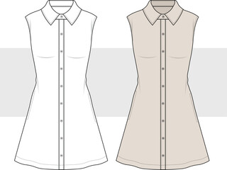 Polo neck sleeveless shirt  dress technical fashion illustration, vector. Mini summer dress fashion flat sketch technical drawing template, CAD, mockup set