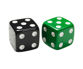 A close up shot of a black die and a green die with white dots on a black background in a studio shot isolated white background