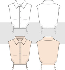 Women sleeveless cropped shirt fashion technical drawing, illustration. front and back view. Fashion isolated illustration template. Cad, Mockup set.