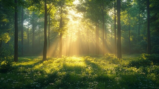 serene forest glade illuminated by soft morning light, Generative AI