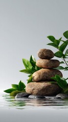 Zen-inspired natural composition featuring smooth river stones stacked delicately, fresh green leaves gently resting nearby, and clear water rippling softly around them