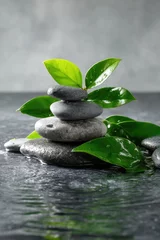 Poster Zen-inspired natural composition featuring smooth river stones stacked delicately, fresh green leaves gently resting nearby, and clear water rippling softly around them