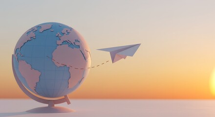 Paper globe and paper plane in minimalistic sunset background  