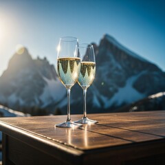 close up of champagne glasses in the snowy and sunny mountain area